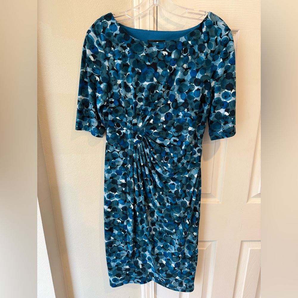 Connected Apparel STRETCHY Dress 8 Medium Teal Green Blue Ruch Side 3/4 Sleeve